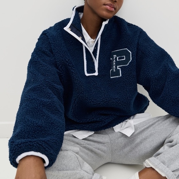 PARKE Chenille Sherpa Varsity Fleece Sweatshirt Pullover Oversized L XL Blue - Picture 2 of 9